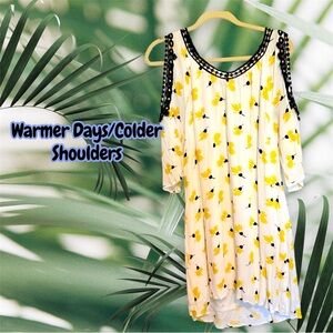 Size Large White, Black, and Yellow Floral Cold Shoulder Dress. Soft and Swingy.